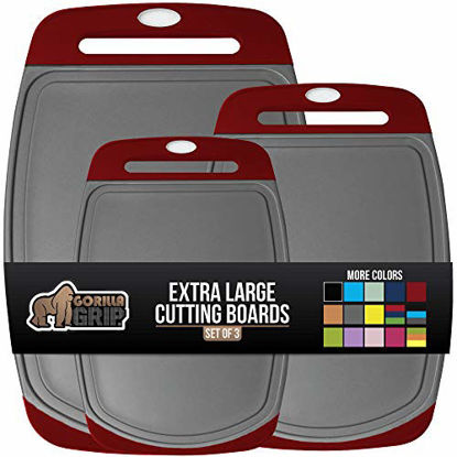 Picture of Gorilla Grip Original Oversized Cutting Board, 3 Piece, Juice Grooves, Larger Thicker Boards, Easy Grip Handle, Perfect for the Dishwasher, Non Porous, Extra Large, Kitchen, Set of 3, Gray Red