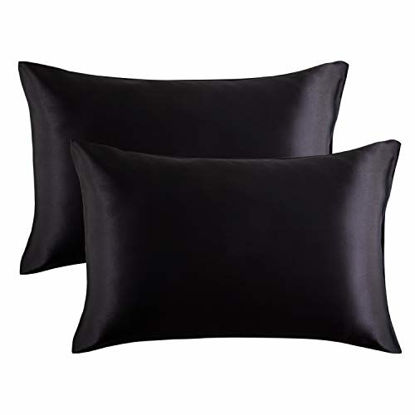 Picture of Bedsure Satin Pillowcase for Hair and Skin, 2-Pack - King Size (20x36 inches) Pillow Cases - Satin Pillow Covers with Envelope Closure, Black