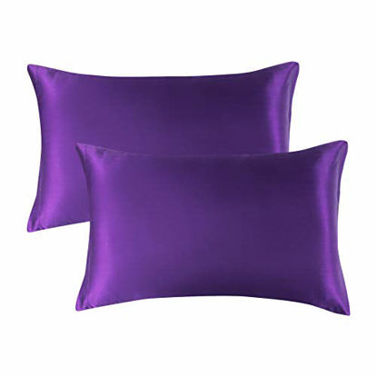 Picture of Bedsure Satin Pillowcase for Hair and Skin Silk Pillowcase 2 Pack , Standard Size (Plum Purple, 20x26 inches) Pillow Cases Set of 2 - Slip Cooling Satin Pillow Covers with Envelope Closure