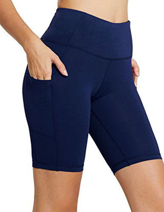 Picture of BALEAF Women's 8" High Waist Biker Workout Yoga Running Compression Exercise Shorts Side Pockets Navy Blue Size L