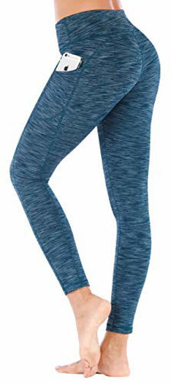 Picture of IUGA High Waist Yoga Pants with Pockets, Tummy Control, Workout Pants for Women 4 Way Stretch Yoga Leggings with Pockets (Space Dye LightBlue, X-Large)