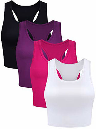 Picture of 4 Pieces Basic Crop Tank Tops Sleeveless Racerback Crop Sport Cotton Top for Women (Black, White, Rose Red, Purple, Large)