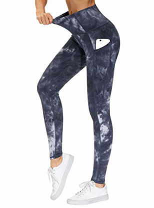 Picture of THE GYM PEOPLE Thick High Waist Yoga Pants with Pockets, Tummy Control Workout Running Yoga Leggings for Women (Large, Tie Dye Black Grey)