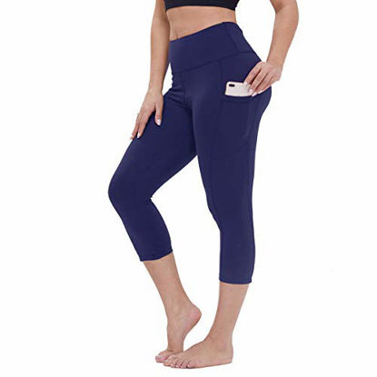 Picture of Gayhay High Waist Yoga Pants with Pockets for Women - Tummy Control Workout Running 4 Way Stretch Yoga Leggings (Capri Navy Blue, Large)