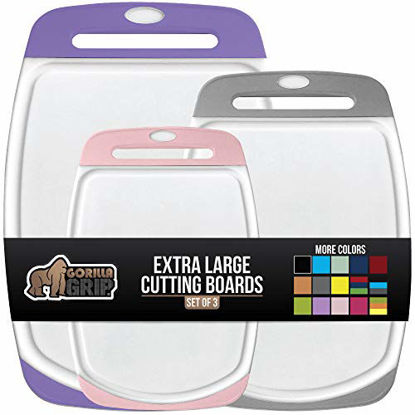Picture of Gorilla Grip Original Oversized Cutting Board, 3 Piece, Perfect for the Dishwasher, Juice Grooves, Larger Thicker Boards, Easy Grip Handle, Non Porous, Extra Large, Set of 3, Purple, Gray, Pink