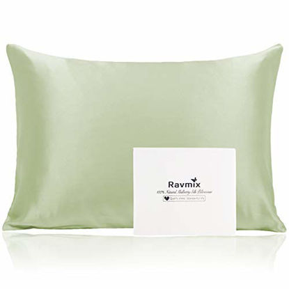 Picture of Ravmix 100% Pure Natural Mulberry Silk Pillowcase Queen Size for Hair and Skin, 21 Momme 600TC Hypoallergenic Both Sides Soft Breathable with Hidden Zipper, 20×30 inches, 1-Pack, Bean Green