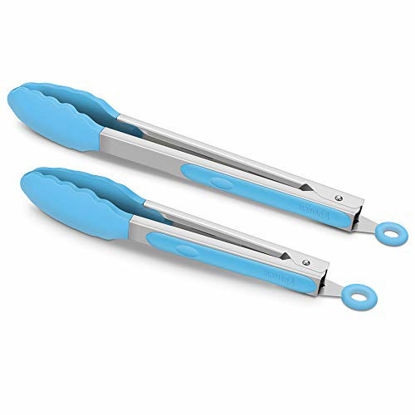 Picture of Set of 2 Kitchen Tongs, Premium Stainless Steel Locking 9-Inch & 12-Inch Silicone Grilling Barbeque Cooking Food Tong, Blue