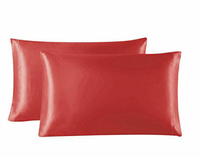 Picture of Love's cabin Silk Satin Pillowcase for Hair and Skin (Red, 20x26 inches) Slip Pillow Cases Standard Size Set of 2 - Satin Cooling Pillow Covers with Envelope Closure