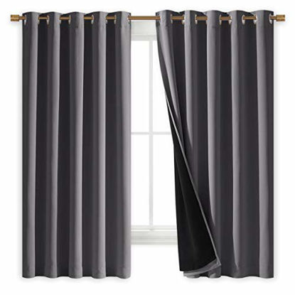 Picture of NICETOWN 100% Blackout Curtains with Black Liners, Thermal Insulated Full Blackout 2-Layer Lined Drapes, Energy Efficiency Window Draperies for Bedroom (Grey, 2 Panels, 70-inch W by 63-inch L)
