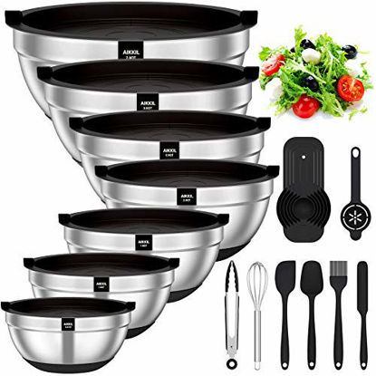 Picture of Mixing Bowls with Airtight Lids, 20 piece Stainless Steel Metal Nesting Bowls, AIKKIL Non-Slip Silicone Bottom, Size 7, 3.5, 2.5, 2.0,1.5, 1,0.67QT Great for Mixing, Baking, Serving (Black)