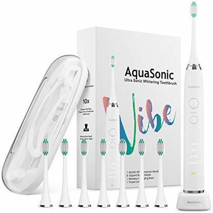 Picture of AquaSonic VIBE series Ultra Whitening Electric Toothbrush - 8 DuPont Brush Heads & Travel Case Included - Sonic 40,000 VPM Motor & Wireless Charging - 4 Modes w Smart Timer - Optic White