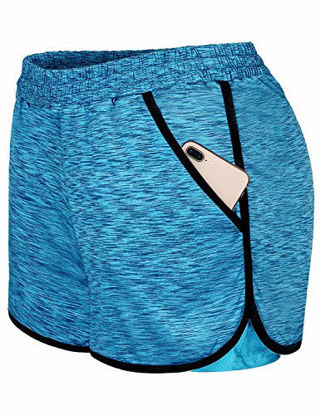 Picture of Blevonh Gym Shorts for Women,Soft Yoga Short Pants Petite Banded Waist Double Pockets Above Knee Workout Clothes Ladies Slim Fit House Wear Summer Jogging Athleisure Blue Cyan S
