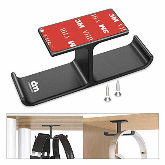 Picture of 6amLifestyle Headphone Headset Stand Holder Under Desk Dual Headsets Hanger Mount Aluminum, Stick-On Hooks Universal for All Headphones, Black (Patented)