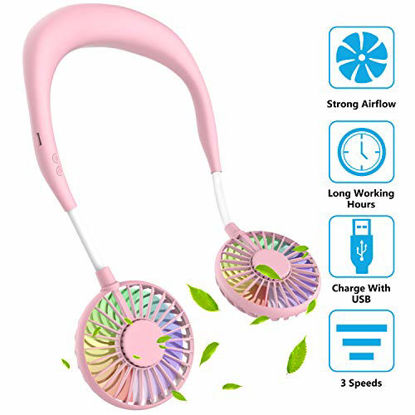 Picture of Hand Free Mini USB Personal Fan - Rechargeable Portable Headphone Design Wearable Neckband Fan3 Level Air Flow7 LED Lights360 Degree Free Rotation Perfect for Sports, Office and Outdoor (Pink)