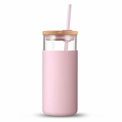 Picture of Tronco 20oz Glass Tumbler Glass Water Bottle Straw Silicone Protective Sleeve Bamboo Lid - BPA Free (Pink)