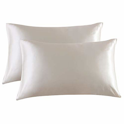 Picture of Bedsure Satin Pillowcase for Hair and Skin, 2-Pack - Standard Size (20x26 inches) Pillow Cases - Satin Pillow Covers with Envelope Closure, Beige