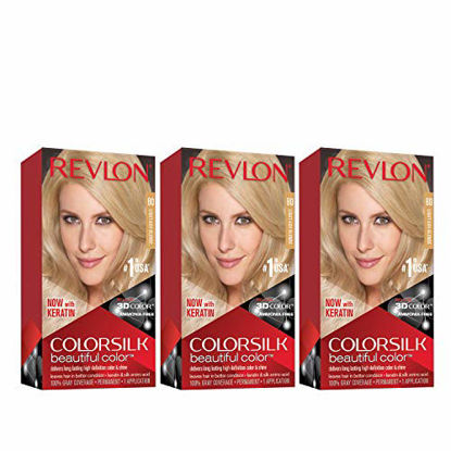 Picture of Revlon Colorsilk Beautiful Color Permanent Hair Color with 3D Gel Technology & Keratin, 100% Gray Coverage Hair Dye, 80 Light Ash Blonde, 4.4 oz (Pack of 3)