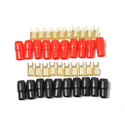 Picture of 10 Pairs Copper Gold Plated 4 Gauge Strip Spade Terminal Spade Fork Adapters Connectors Plugs Crimp Barrier Spades for Speaker Wire Cable Terminal Plug - 4GA (Red and Black)