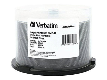 Picture of Verbatim 4.7GB up to 16x DataLifePlusWhite Inkjet PrintableHub Printable Recordable Disc DVD-R 50-Disc Spindle 95079