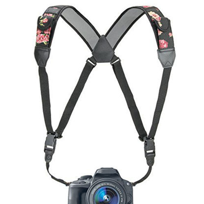 Picture of USA GEAR DSLR Camera Strap Chest Harness with Quick Release Buckles, Floral Neoprene Pattern and Accessory Pockets - Compatible with Canon, Nikon, Sony and More Point and Shoot and Mirrorless Cameras