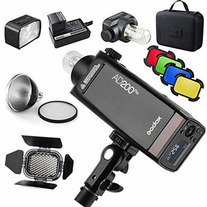 Picture of GODOX AD200Pro AD200 Pro with BD-07 Barn Door Honeycomb Grid 4 Color Filter Kit, Standard Reflector with Soft Diffuser, 200W 2.4G Flash Strobe, 1/8000 HSS, 500 Full Power Flashes, 0.01-2.1s Recycling