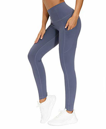 Picture of THE GYM PEOPLE Thick High Waist Yoga Pants with Pockets, Tummy Control Workout Running Yoga Leggings for Women (Large, Ink Blue)