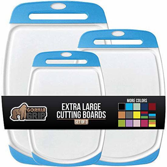 Picture of Gorilla Grip Original Oversized Cutting Board, 3 Piece, Perfect for the Dishwasher, Juice Grooves, Larger Thicker Boards, Easy Grip Handle, Non Porous, Extra Large, Kitchen, Set of 3, Aqua