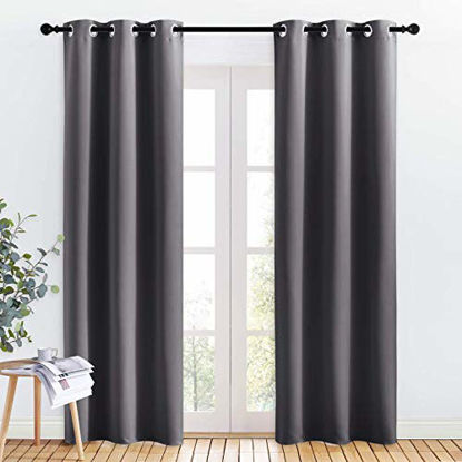 Picture of NICETOWN Bedroom Curtains Blackout Drapery Panels, Three Pass Microfiber Thermal Insulated Solid Ring Top Blackout Window Curtains/Drapes (Two Panels, 34 x 84 inches, Gray)