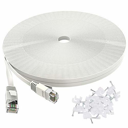 Picture of Cat 6 Ethernet Cable 75 ft Flat with Clips, Durable Long Internet Network LAN Patch Cords, Solid Cat6 High Speed Computer wire with RJ45 Connectors for Router, Modem, PS, Faster Than CAT5E/Cat5, White