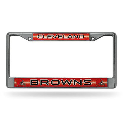 Picture of NFL Rico Industries Bling Chrome License Plate Frame with Glitter Accent, Cleveland Browns Team Color, 6 x 12.25-inches