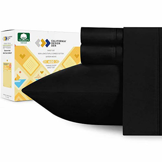 Picture of Premium 400-Thread-Count 100% Cotton Sheets - 3-Piece Black Color Twin XL Sheet Set Long-Staple Combed Cotton Bed Sheets Breathable Cotton Sateen Weave Sheets Set Fits Mattress 15'' Deep Pocket