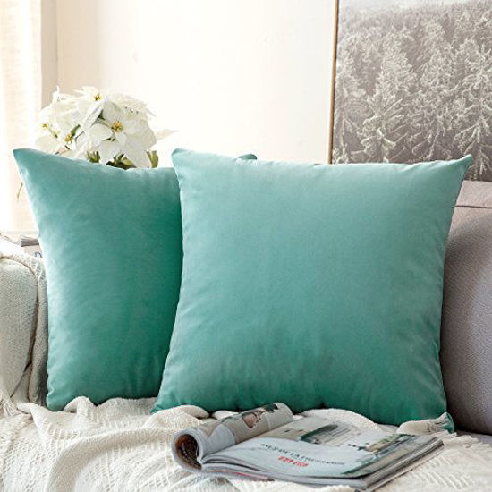 Picture of MIULEE Pack of 2 Velvet Soft Solid Decorative Square Throw Pillow Covers Set Cushion Case for Sofa Bedroom Car 16 x 16 Inch 40 x 40 cm Aqua Green