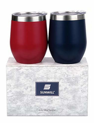 Picture of SUNWILL Insulated Wine Tumbler with Lid (Wine Red & Navy Blue 2 pack), Stemless Stainless Steel Insulated Wine Glass 12oz, Double Wall Durable Coffee Mug, for Champaign, Cocktail, Beer, Office use
