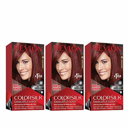Picture of Revlon Colorsilk Beautiful Color Permanent Hair Color with 3D Gel Technology & Keratin, 100% Gray Coverage Hair Dye, 49 Auburn Brown, 4.4 oz (Pack of 3)