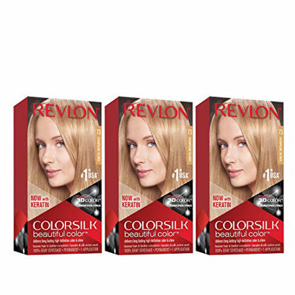 Picture of Revlon Colorsilk Beautiful Color Permanent Hair Color with 3D Gel Technology & Keratin, 100% Gray Coverage Hair Dye, 73 Champagne Blonde, 4.4 oz (Pack of 3)