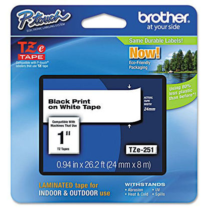 Picture of Brother Genuine P-touch TZE-251 Tape, 1" (0.94") Standard Laminated P-touch Tape, Black on White, Perfect for Indoor or Outdoor Use, Water Resistant, 26.2 Feet (8M), Single-Pack