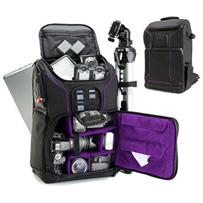 Picture of USA GEAR DSLR Camera Backpack Case (Purple) - 15.6 inch Laptop Compartment, Padded Custom Dividers, Tripod Holder, Rain Cover, Long-Lasting Durability and Storage Pockets - Compatible with Many DSLRs