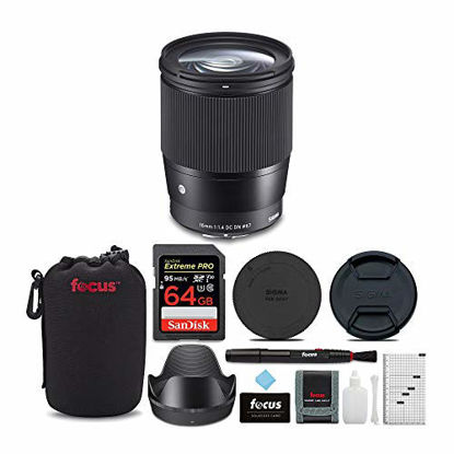 Picture of Sigma 16mm f/1.4 DC DN Contemporary Lens for Sony with 64GB Extreme PRO SD Card and Accessory Bundle