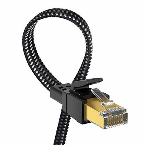Picture of Cat 8 Ethernet Cable 10 ft, 26AWG Nylon Braided High Speed Heavy Duty Cat8 Network LAN Patch Cord, 40Gbps 2000Mhz SFTP RJ45 Flat Cable Shielded in Wall, Indoor&Outdoor for Modem/Router/Gaming/PC