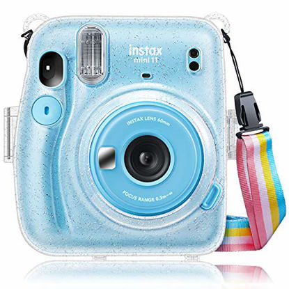 Picture of Fintie Protective Clear Case for Fujifilm Instax Mini 11 Instant Film Camera - Crystal Hard PVC Cover with Removable Rainbow Shoulder Strap, Glittering Transparent