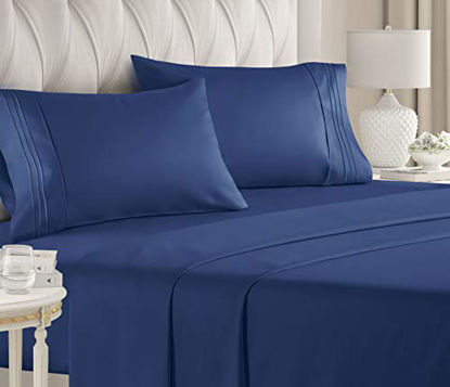 Picture of California King Size Sheet Set - 4 Piece - Hotel Luxury Bed Sheets - Extra Soft - Deep Pockets - Easy Fit - Breathable & Cooling - Wrinkle Free - Comfy - Navy Blue - Cali Kings Royal Sheets