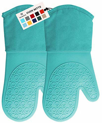 Picture of HOMWE Professional Silicone Oven Mitt, Oven Mitts with Quilted Liner, Heat Resistant Pot Holders, Flexible Oven Gloves, Turquoise, 1 Pair, 13.7 Inch