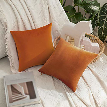 Picture of MIULEE Pack of 2 Velvet Pillow Covers Decorative Square Pillowcase Soft Solid Cushion Case for Sofa Bedroom Car 12 x 12 Inch Orange