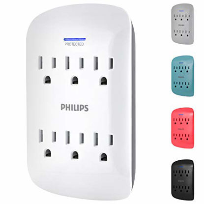 Picture of Philips 6-Outlet Surge Protector Tap, 900 Joules, Space Saving Design, 3-Prong, Protection Indicator LED Light, Gray & White, SPP3461WA/37