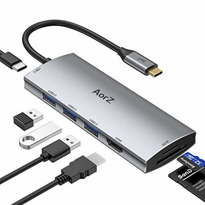 Picture of USB C Hub, USB Hub to HDMI Multiport AorZ USB C Dongle Adapter 7 in 1 with 4K HDMI Output,3 USB 3.0 Ports,SD/Micro SD Card Reader,100W PD,Compatible with MacBook Pro Air HP XPS and More Type C Devices