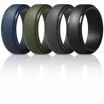 Picture of ThunderFit Silicone Rings for Men - 4 Rings Step Edge Rubber Wedding Bands 10mm Wide - 2.5mm Thick (Black, Dark Grey, Dark Blue, Dark Green, 6.5-7 (17.3mm))