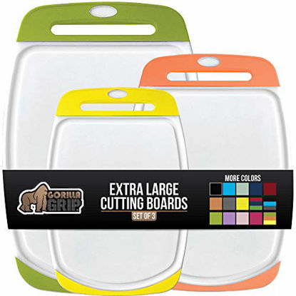 Picture of Gorilla Grip Original Oversized Cutting Board, 3 Piece, Perfect for the Dishwasher, Juice Grooves, Extra Large Thick Boards, Easy Grip Handle, Non Porous, Kitchen, Set of 3, Lime, Orange, Lemon