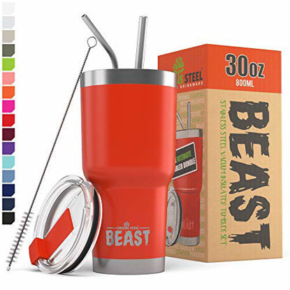 Picture of BEAST 30oz Red Insulated Tumbler Stainless Steel Coffee Cup with Lid 2 Straws Brush