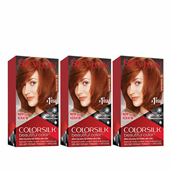 Picture of Revlon Colorsilk Beautiful Color Permanent Hair Color with 3D Gel Technology & Keratin, 100% Gray Coverage Hair Dye, 42 Medium Auburn, 4.4 oz (Pack of 3)