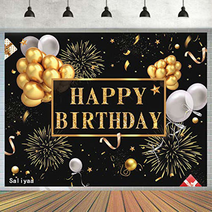 Picture of Saliyaa 7x5ft Happy Birthday Backdrop Golden Balloons Stars Fireworks Party Decoration, Black Gold Sign Poster Photo Booth Backdrop Background Banner for Men Women 30th 40th 50th 60th 70th 80th Bday Party Supplies